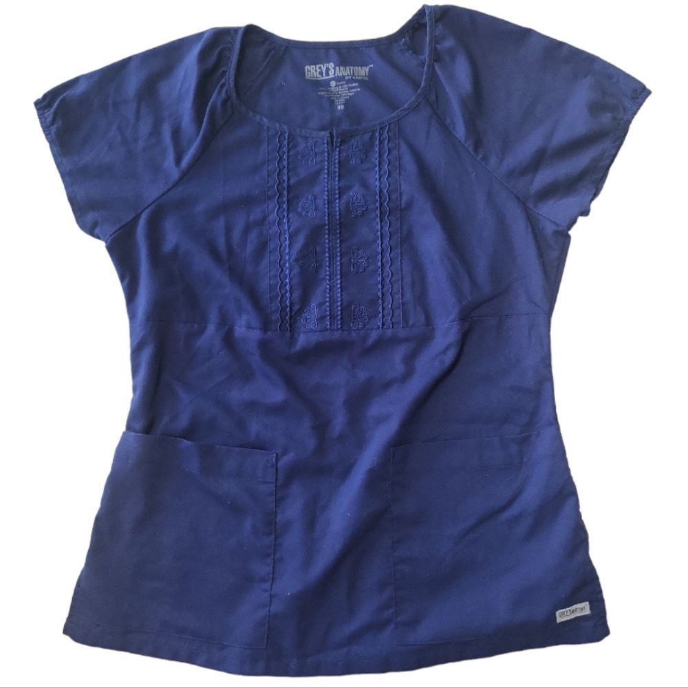 GREY'S ANATOMY Blue‎ Embrodered 2-Pocket Scrub Top Size XS